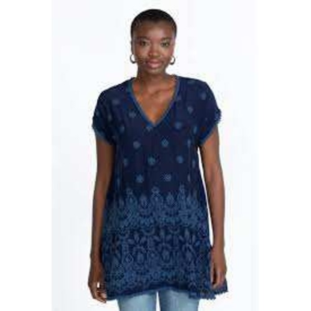 Johnny Was Navy Blue Embroidered Cupra Rayon Tunic Top C22322-6 Womens Large
